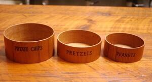 Set of 3 Vtg Teak Mid Century PEANUTS CHIPS PRETZELS Wooden Cocktail Snack BOWLS